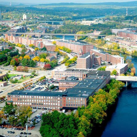 Drone shot of UNH Manchester campus