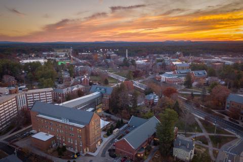 sunset over the Durham campus arial shot